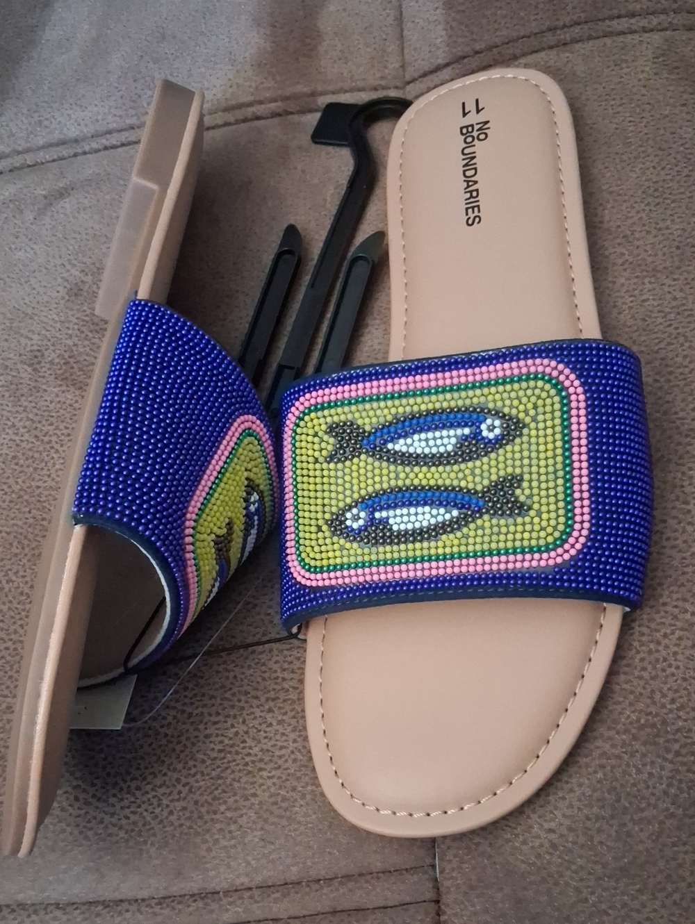 No Boundaries Beaded Fish Slide Sandals - Blue, Yellow & Pink Accents Size 11